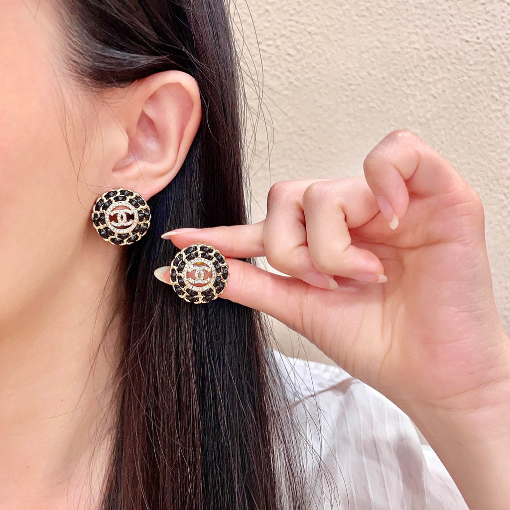 CC Stud Earrings Gold Black Crystal 659642