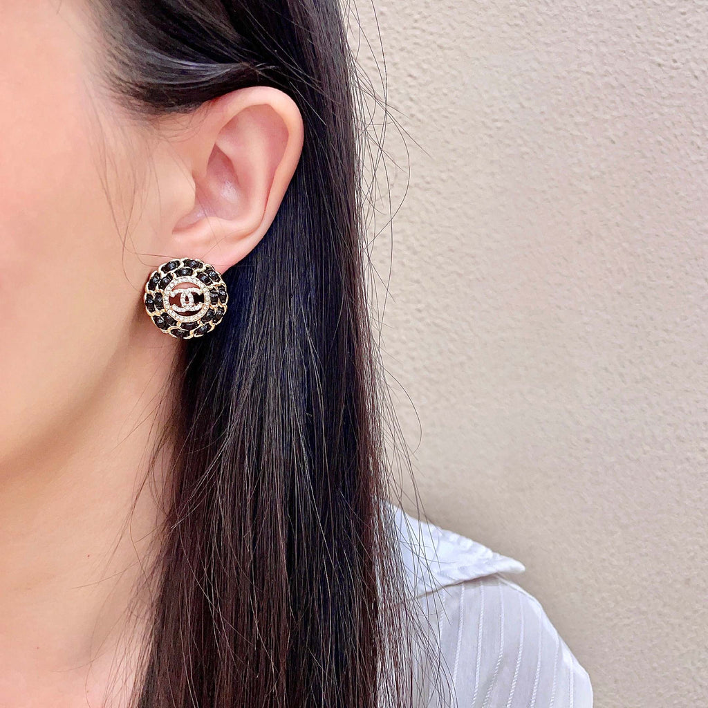 CC Stud Earrings Gold Black Crystal 659642