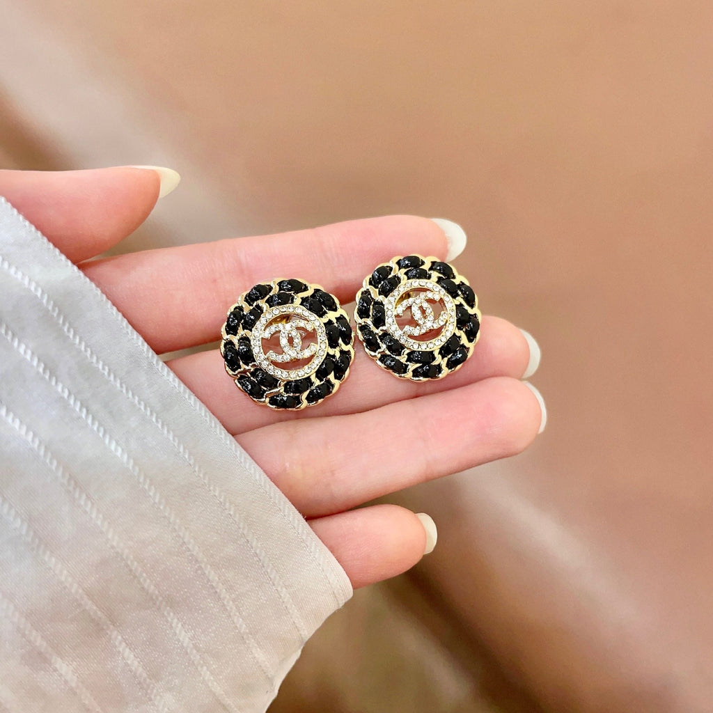 CC Stud Earrings Gold Black Crystal 659642