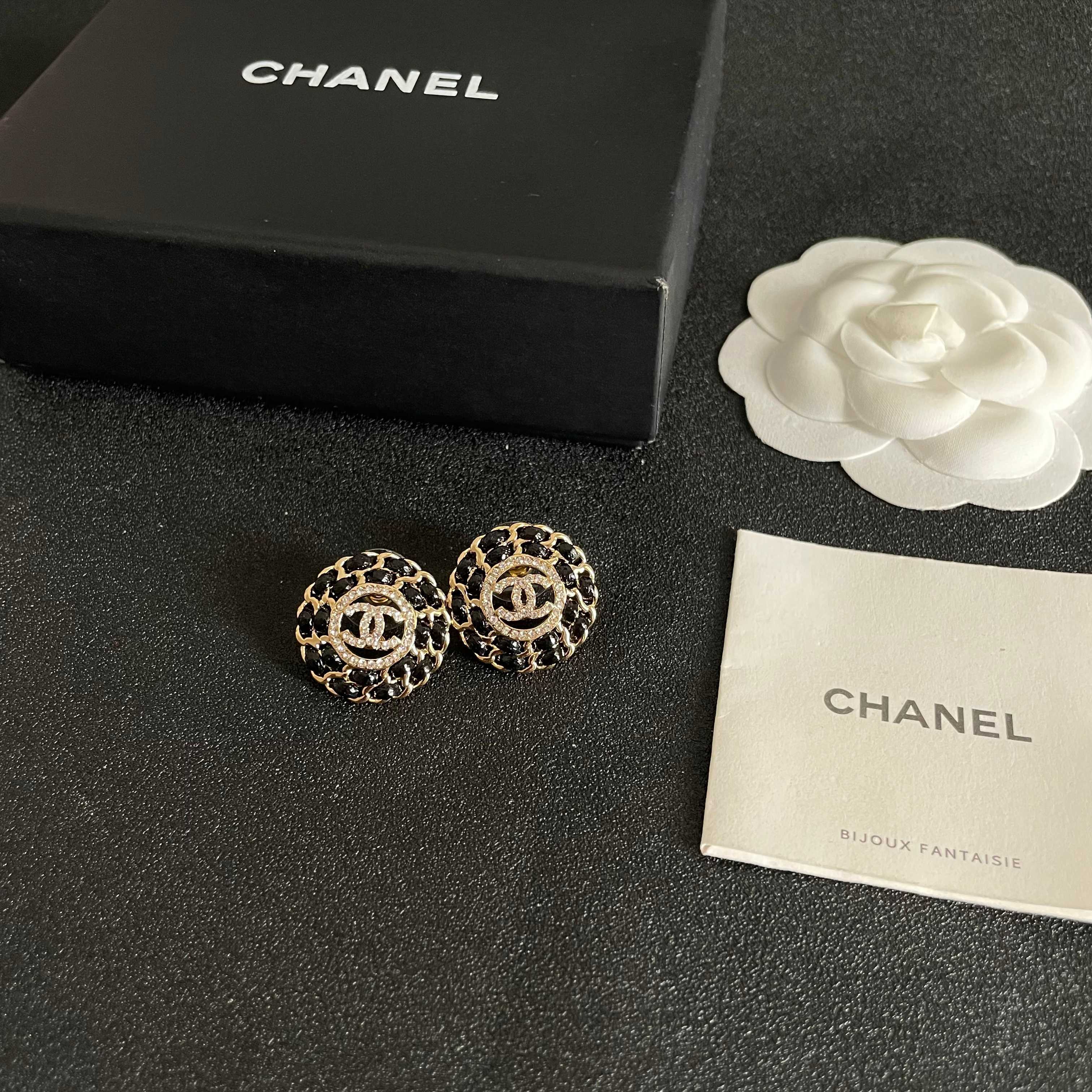 CC Stud Earrings Gold Black Crystal 659642