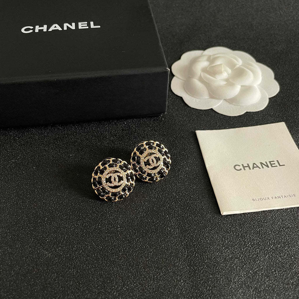 CC Stud Earrings Gold Black Crystal 659642