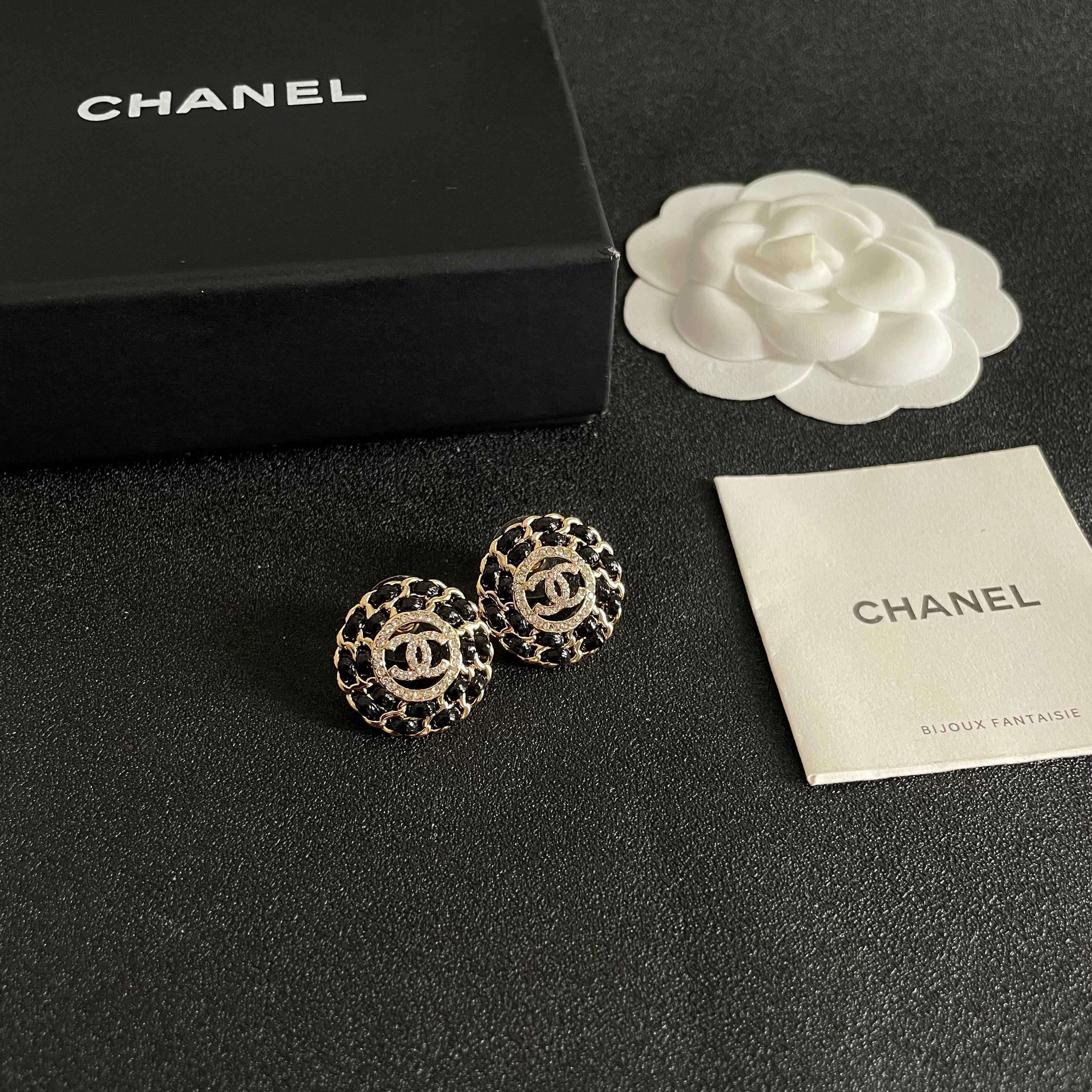 CC Stud Earrings Gold Black Crystal 659642