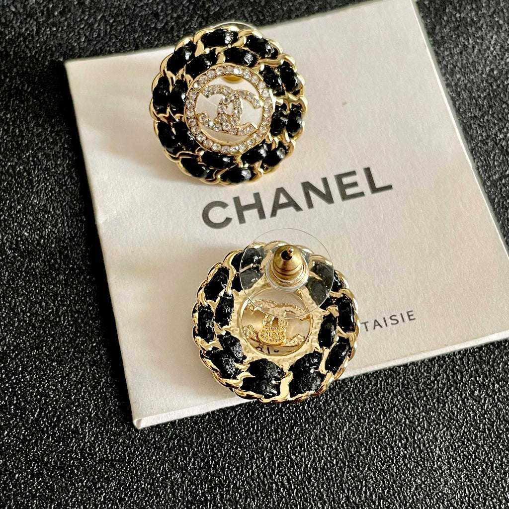 CC Stud Earrings Gold Black Crystal 659642