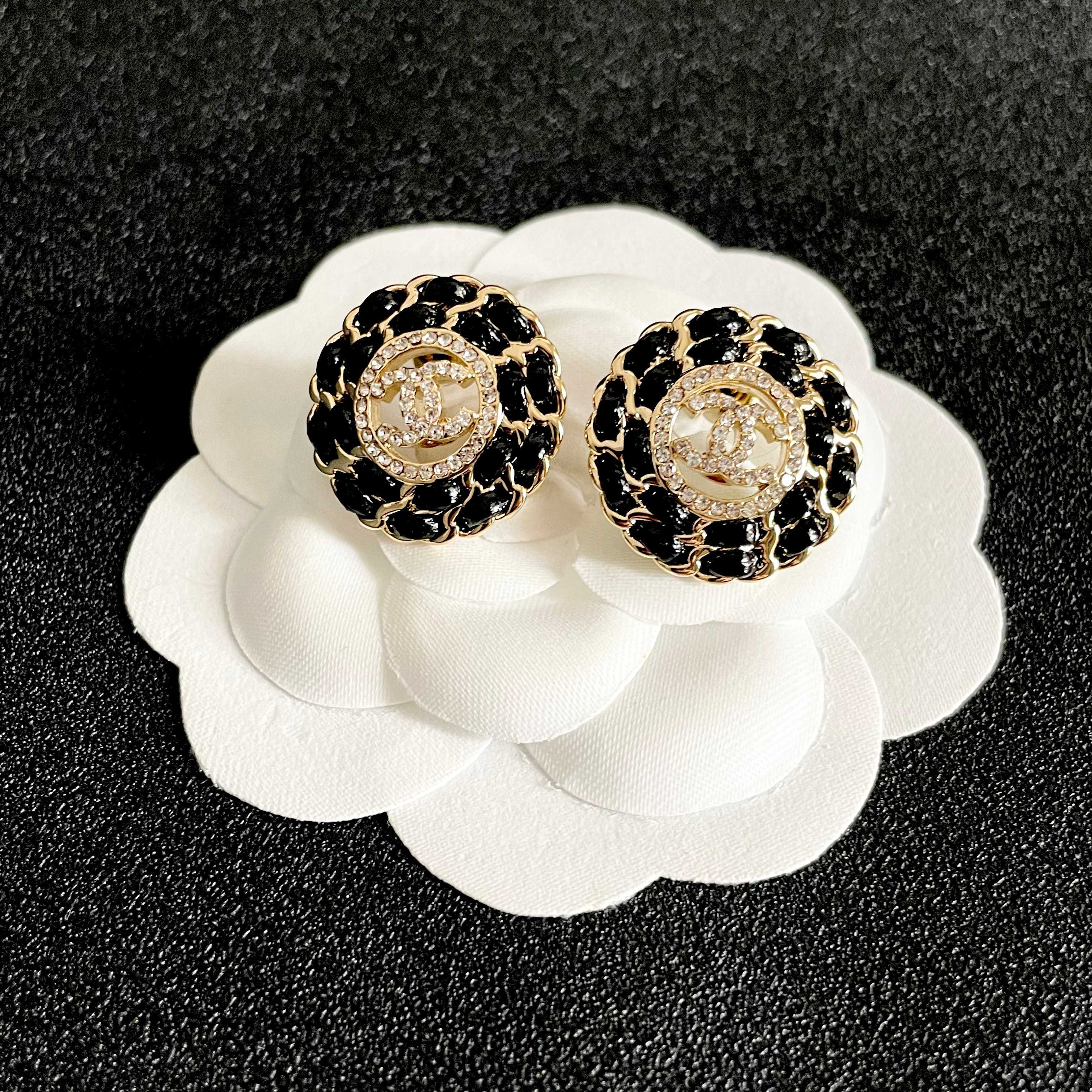 CC Stud Earrings Gold Black Crystal 659642