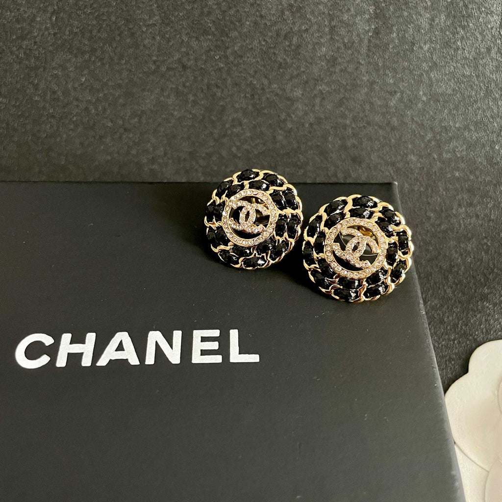 CC Stud Earrings Gold Black Crystal 659642