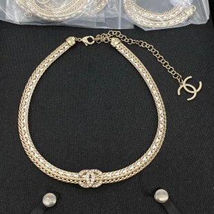 Chanel Chain & Leather Choker Gold White Neclace