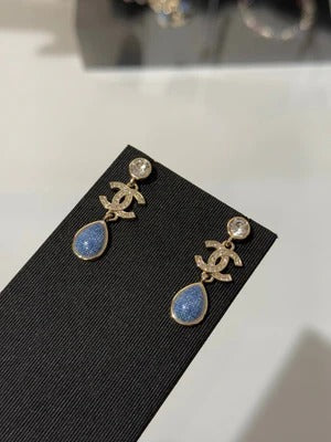 CC 2026 Light Gold Round Diamond Double C Teardrop Pendant Denim Earrings