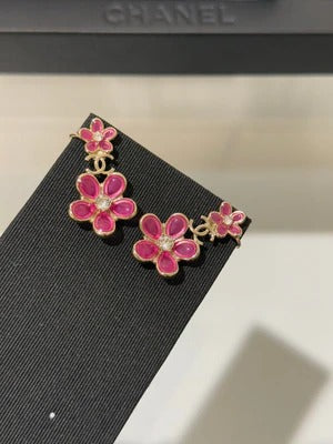 Chanel Pink Flower Crystal Rhinestone Double C Earrings