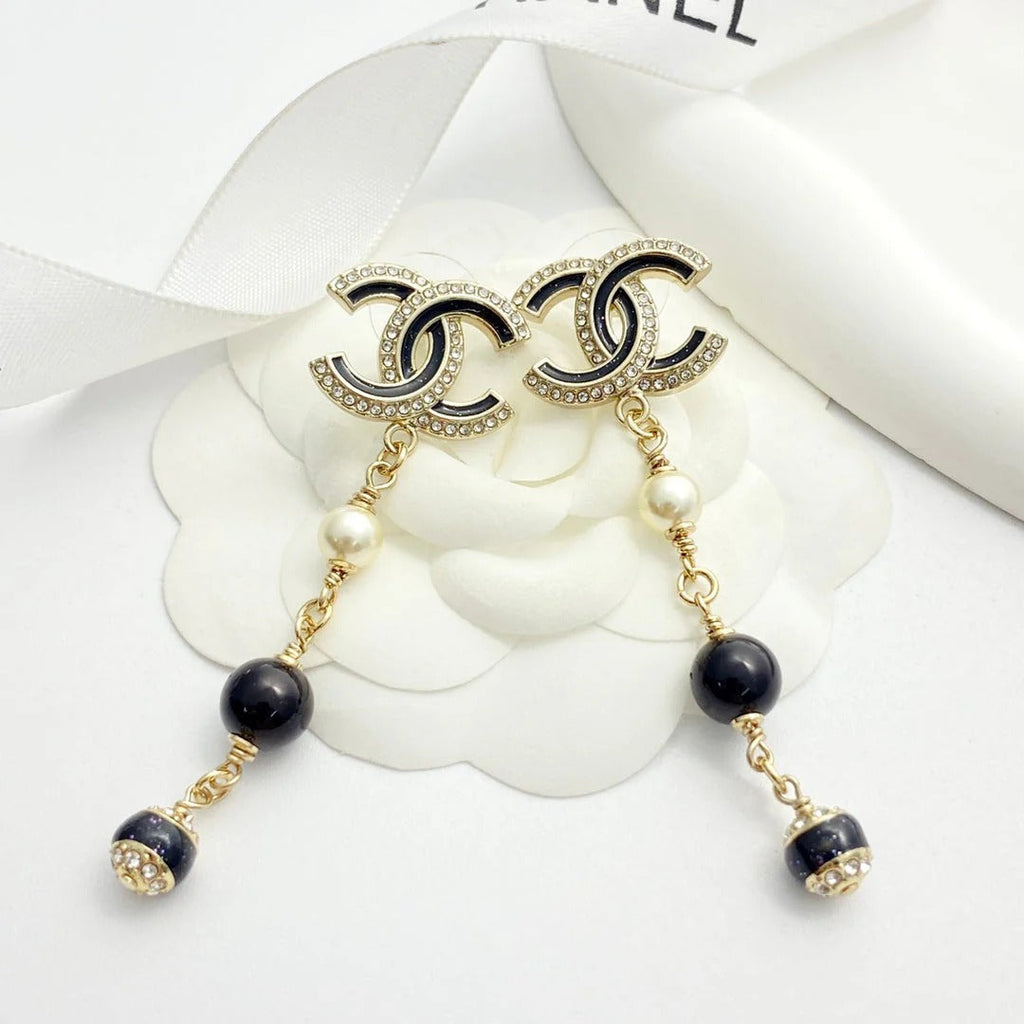 CC Black and Gold Rhinestone Double C Tassel Pearl Earrings