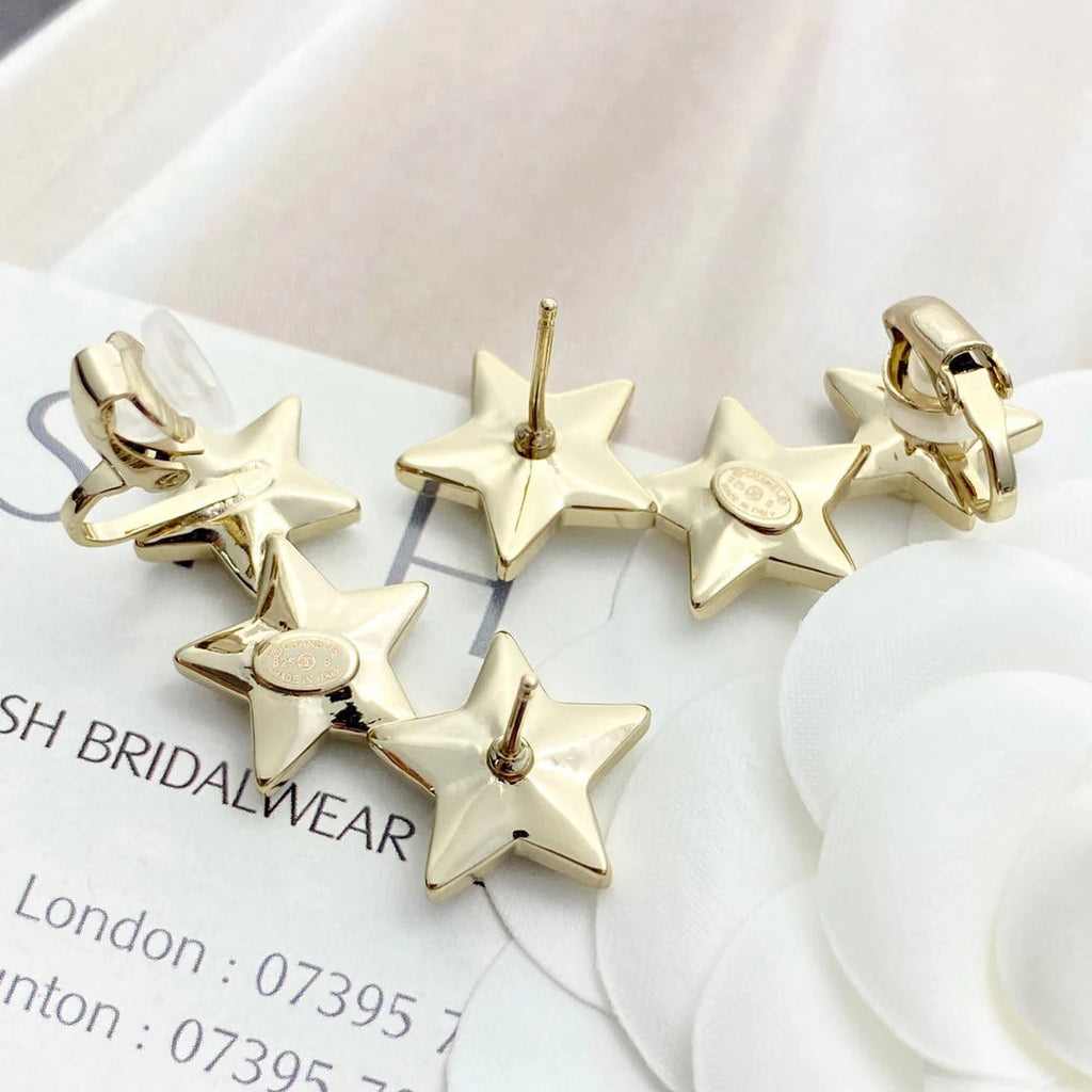 CC Full Diamond Light Gold 3 Star Stud Earrings
