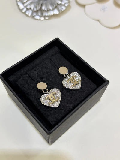 Chanel 2026 Double C Full Diamond Heart Pendant Button Earrings