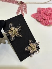CC 2026 Gold Double C Transparent Flower Stud Earrings