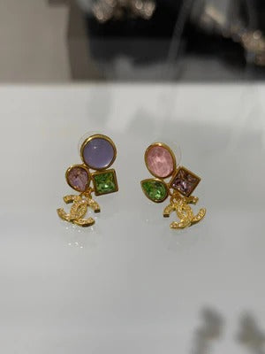 CC 2026 Gemstone Gold Full Diamond Double C Glass Pearl AB Style Earrings