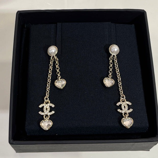 CC Light Gold Full Diamond Double C Heart Diamond Crystal Long Earrings