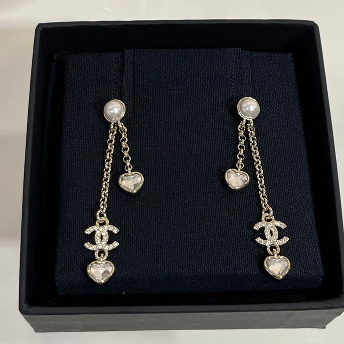CC Light Gold Full Diamond Double C Heart Diamond Crystal Long Earrings