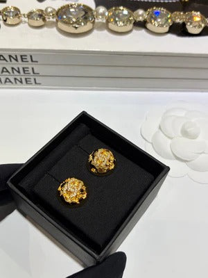 CC 2026 Gold Full Diamond Double C Gold Ball Stud Earrings