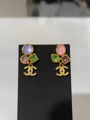 CC 2026 Gemstone Gold Full Diamond Double C Glass Pearl AB Style Earrings
