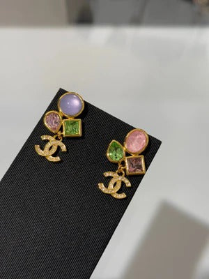 CC 2026 Gemstone Gold Full Diamond Double C Glass Pearl AB Style Earrings