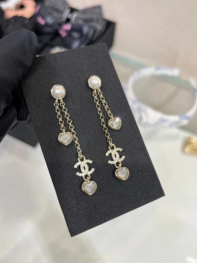 CC Light Gold Full Diamond Double C Heart Diamond Crystal Long Earrings