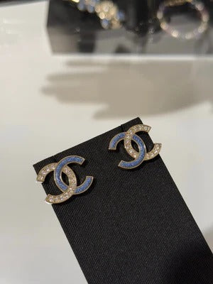 CC 2026 Light Gold Denim Patchwork Crystal Double C Stud Earrings