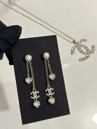 CC Light Gold Full Diamond Double C Heart Diamond Crystal Long Earrings