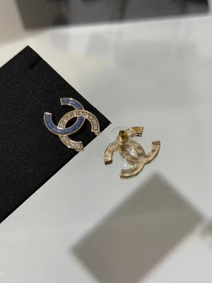 CC 2026 Light Gold Denim Patchwork Crystal Double C Stud Earrings
