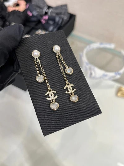 CC Light Gold Full Diamond Double C Heart Diamond Crystal Long Earrings