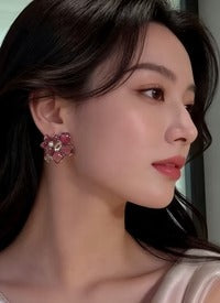 CC 2026 Double C Pink Asymmetrical Flower Stud Earrings