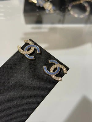 CC 2026 Light Gold Denim Patchwork Crystal Double C Stud Earrings