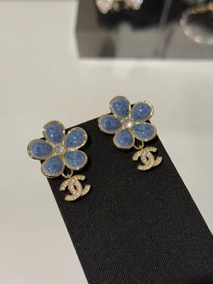 CC 2026 Denim Enamel Flower Crystal Light Gold Diamond Earrings
