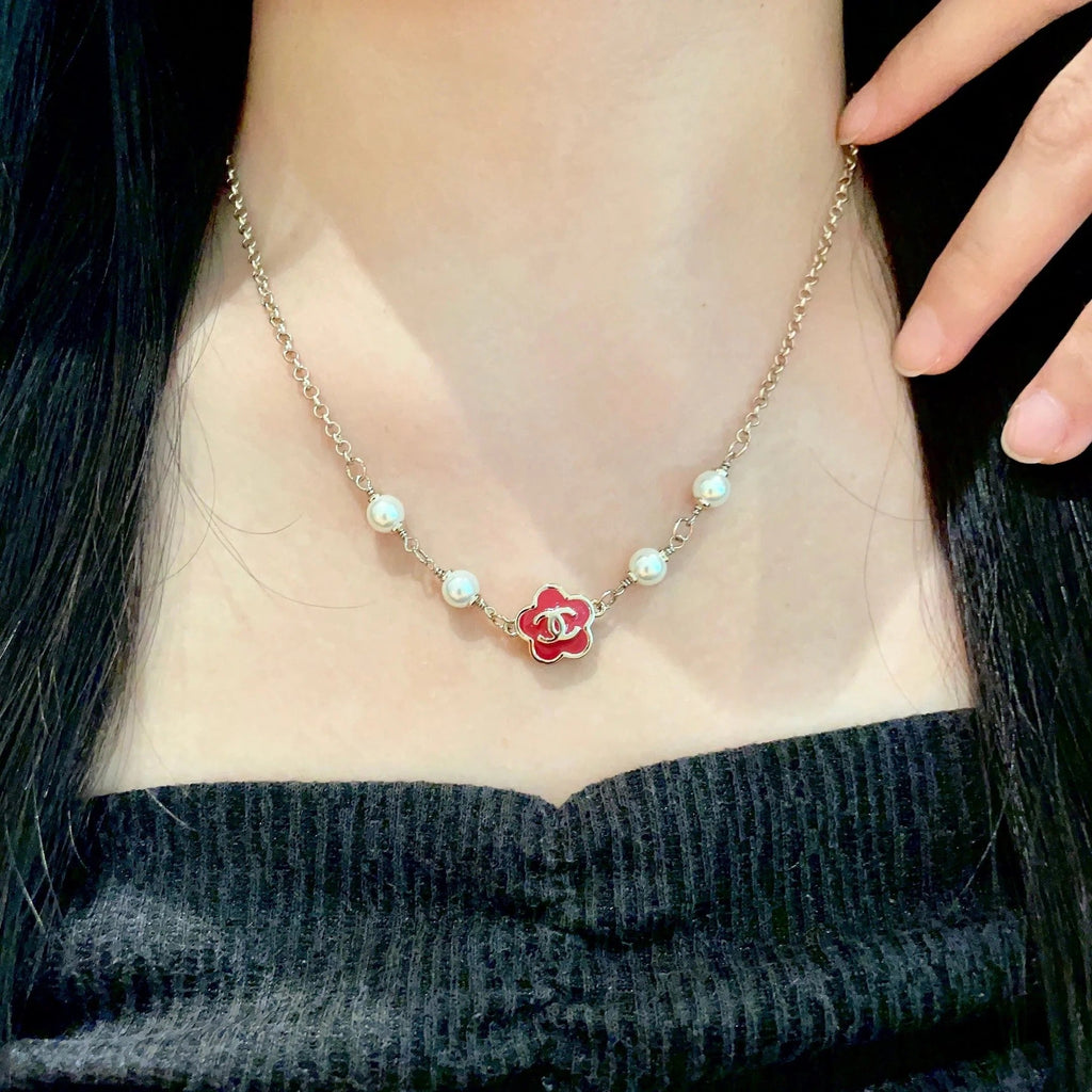 CC Flower Vintage Red Pearl Gold Necklaces