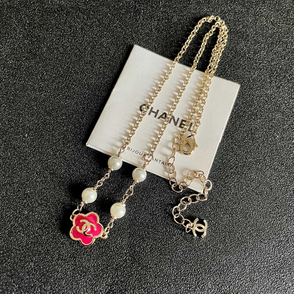 CC Flower Vintage Red Pearl Gold Necklaces