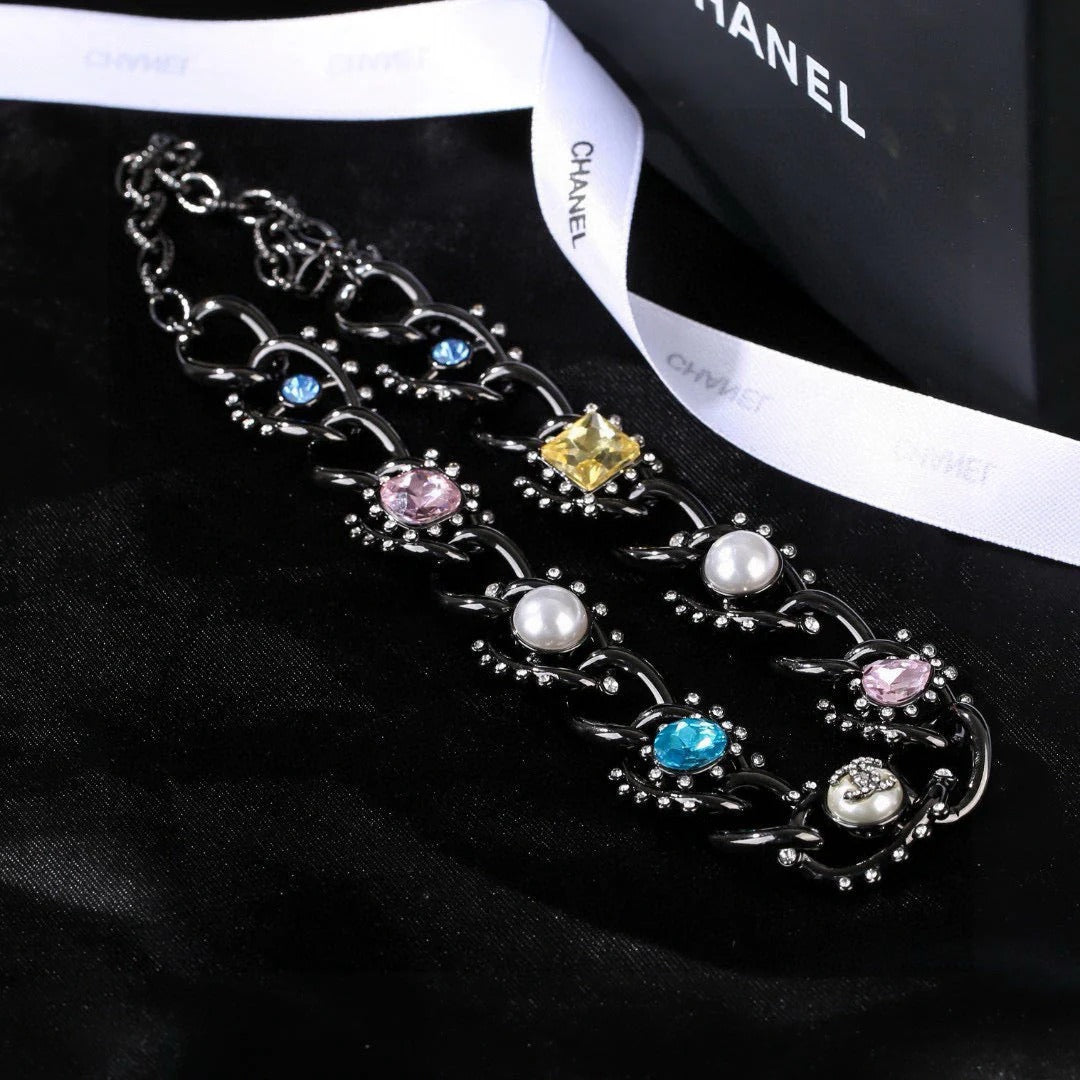 CC Multicolor Crystal Pearl Black Necklace