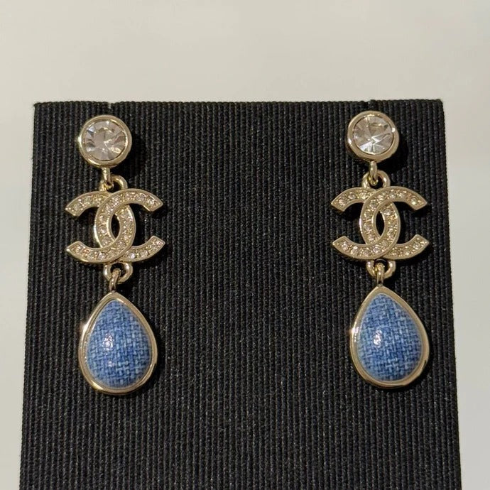CC 2026 Light Gold Round Diamond Double C Teardrop Pendant Denim Earrings