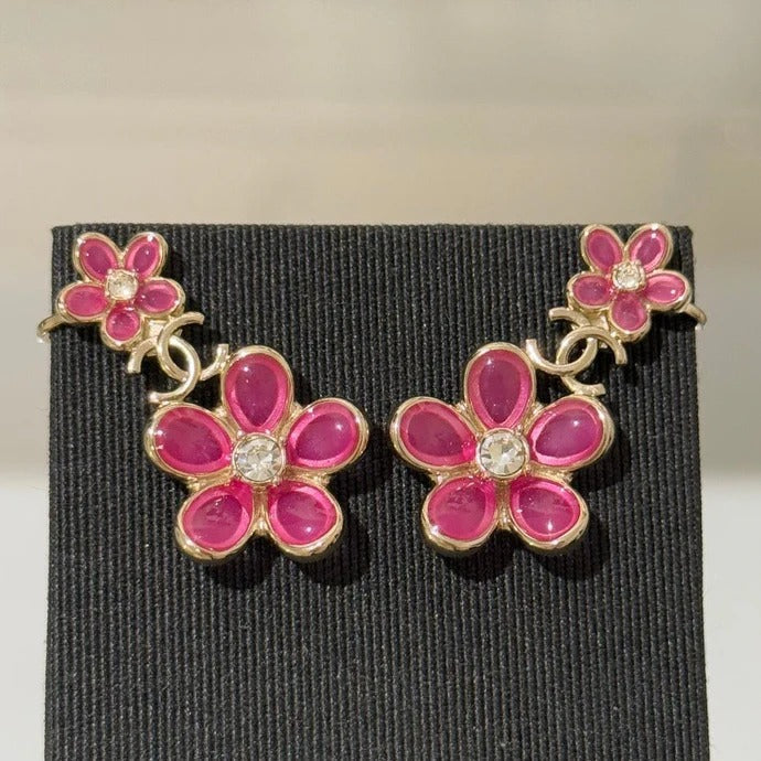 Chanel Pink Flower Crystal Rhinestone Double C Earrings