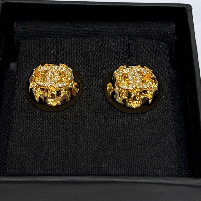 CC 2026 Gold Full Diamond Double C Gold Ball Stud Earrings