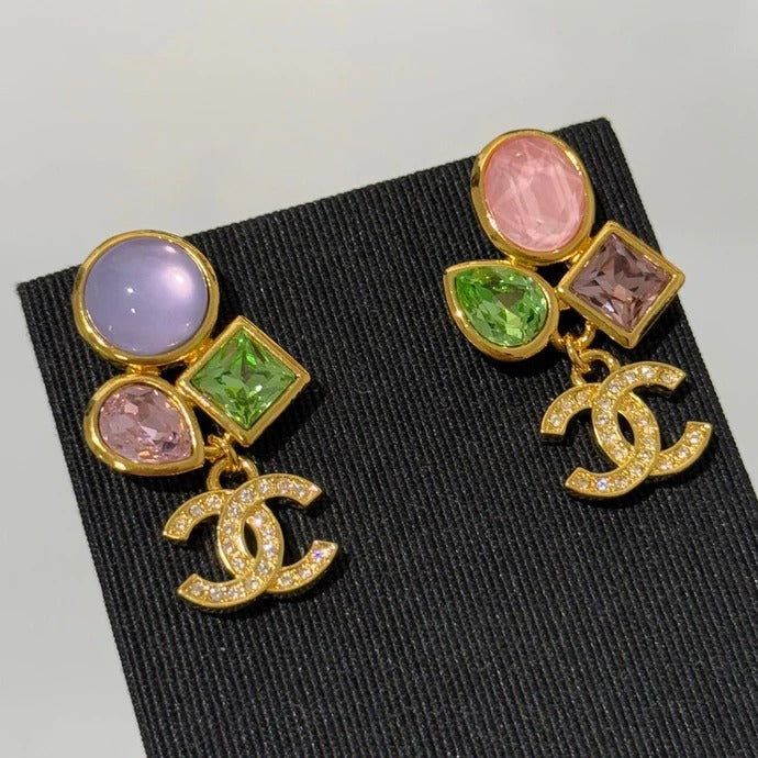 CC 2026 Gemstone Gold Full Diamond Double C Glass Pearl AB Style Earrings