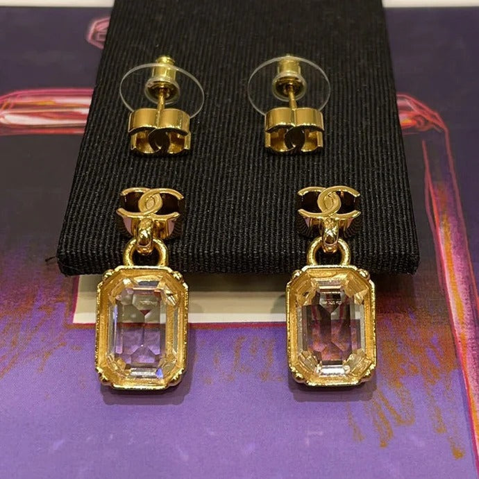 CC 2026 Gold Double C Transparent Rock Candy Pendant Earrings
