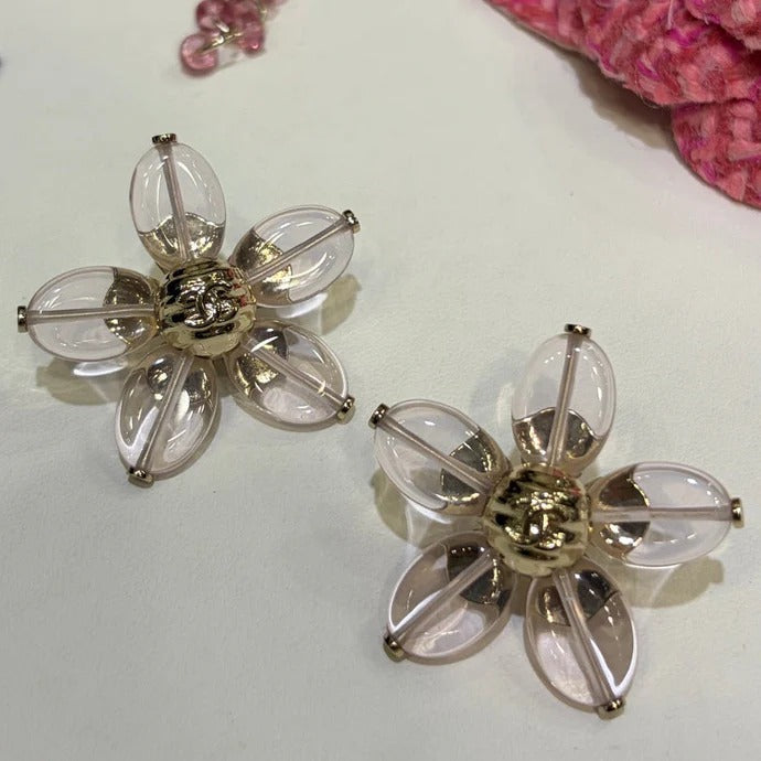 CC 2026 Gold Double C Transparent Flower Stud Earrings