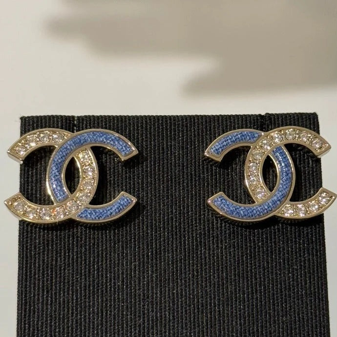 CC 2026 Light Gold Denim Patchwork Crystal Double C Stud Earrings
