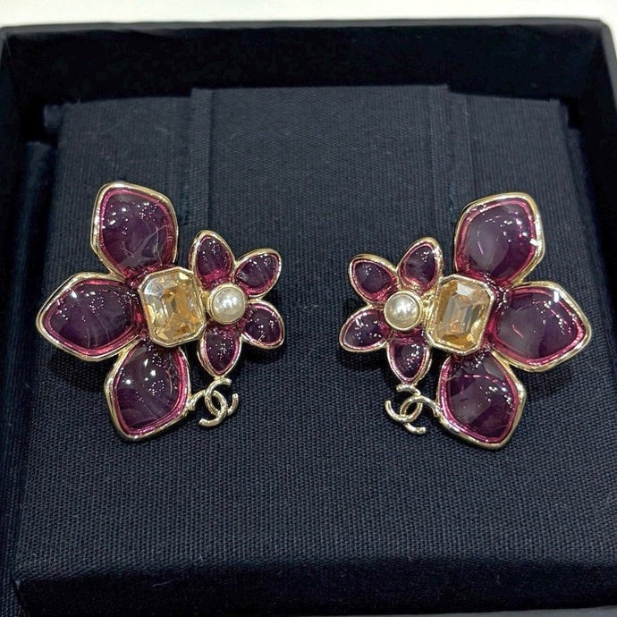 CC 2026 Double C Pink Asymmetrical Flower Stud Earrings