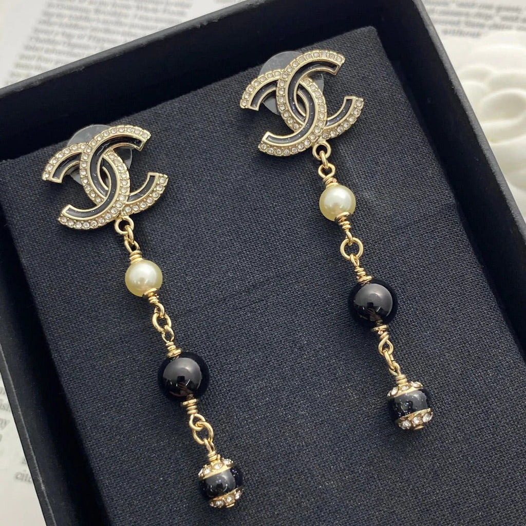 CC Black and Gold Rhinestone Double C Tassel Pearl Earrings