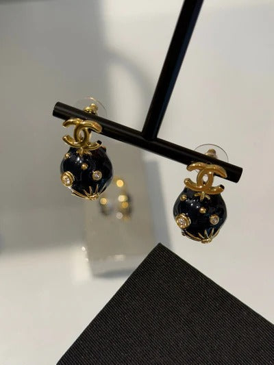 Chanel 2026 Deep Blue Enamel Sphere Rhinestone Star Double C Universe Planet Earrings