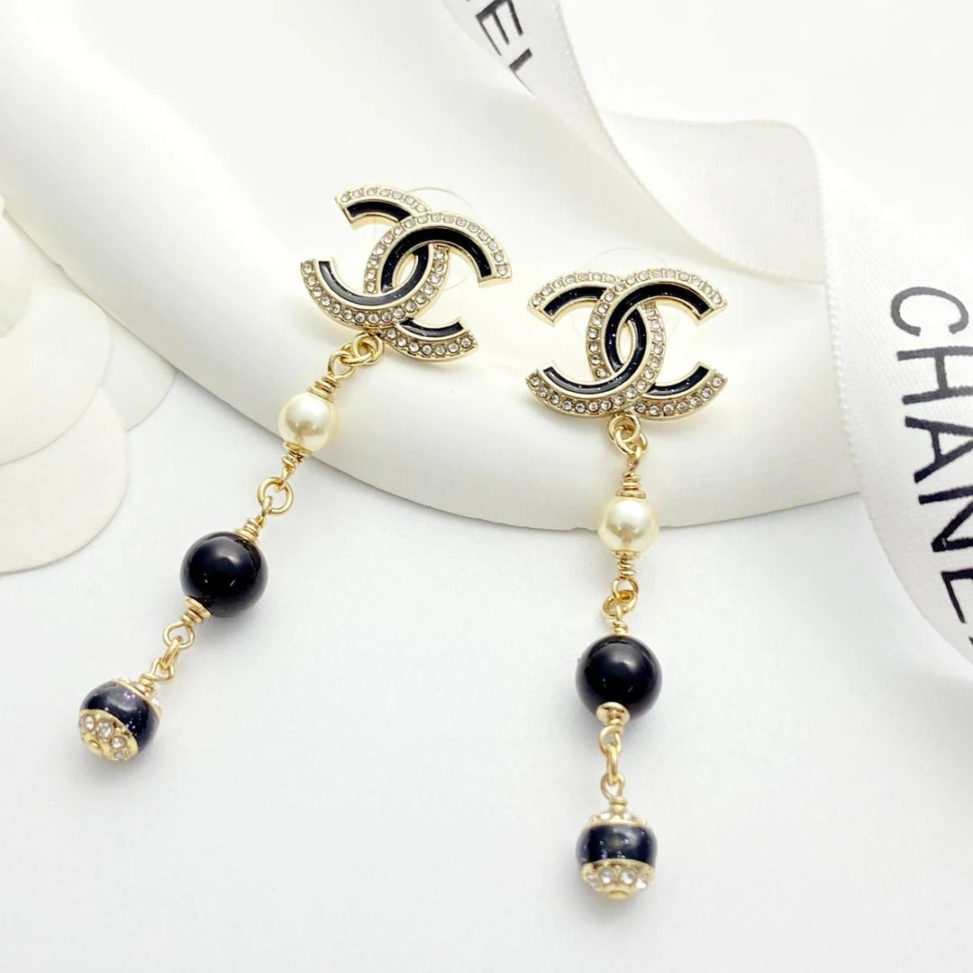 CC Black and Gold Rhinestone Double C Tassel Pearl Earrings