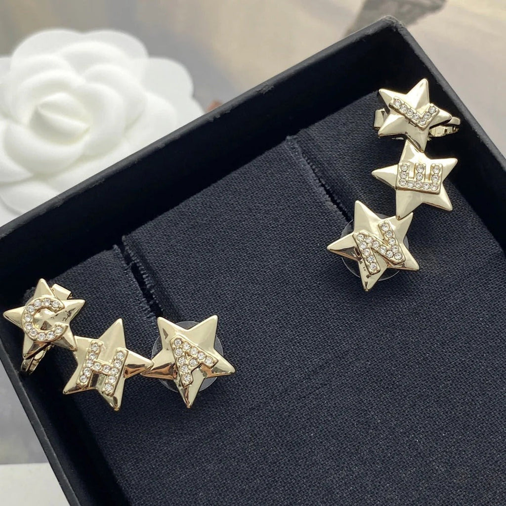 CC Full Diamond Light Gold 3 Star Stud Earrings