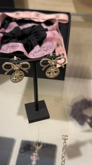 Chanel Black Letter Earrings With White Ribbon And Bow
