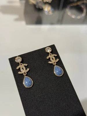 CC 2026 Light Gold Round Diamond Double C Teardrop Pendant Denim Earrings