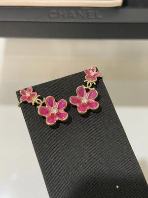 Chanel Pink Flower Crystal Rhinestone Double C Earrings