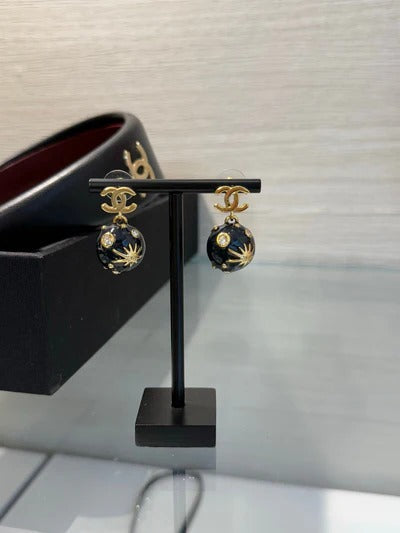 Chanel 2026 Deep Blue Enamel Sphere Rhinestone Star Double C Universe Planet Earrings