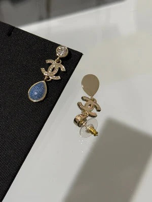 CC 2026 Light Gold Round Diamond Double C Teardrop Pendant Denim Earrings